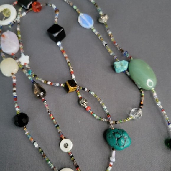 Womens Multicolored Beaded Necklace Aventurine Chalcedony Howlite 48 in - Picture 4 of 5